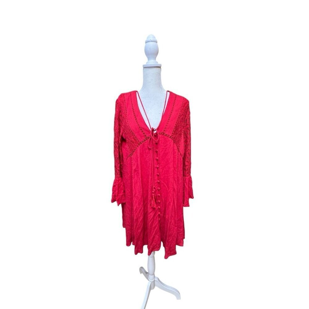 Chelsea & Violet Red Boho Babydoll Dress Womens L Lace Flowy Mini